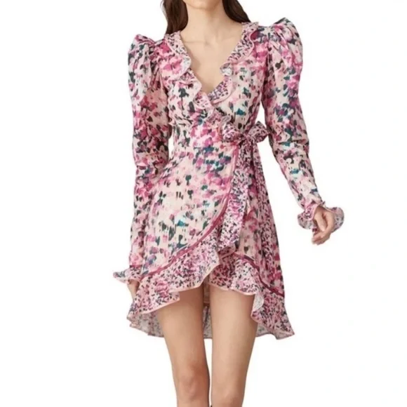Rococo Sand Mimi Ruffle Trim Long Sleeve Mini Wrap Dress Pink Floral Barbiecore - Picture 1 of 11